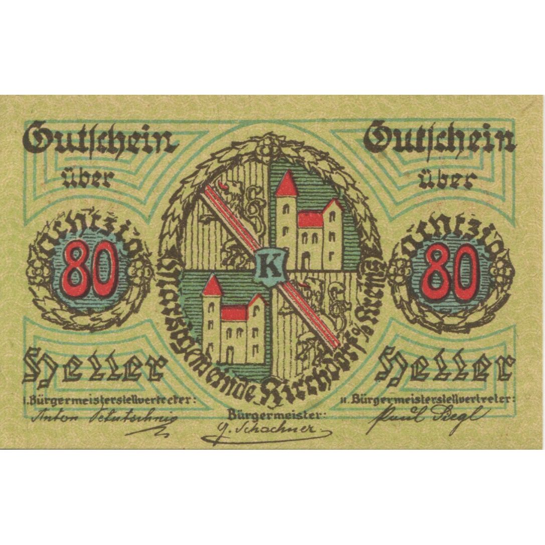 Banknote, Austria, Kirchdorf, 80 Heller, village, 1921 UNC(63) Mehl:FS 445IIa