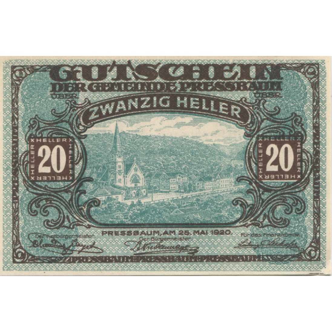 Billet, Autriche, Pressbaum, 20 Heller, paysage 1921-07-31, SPL, Mehl:FS 784a