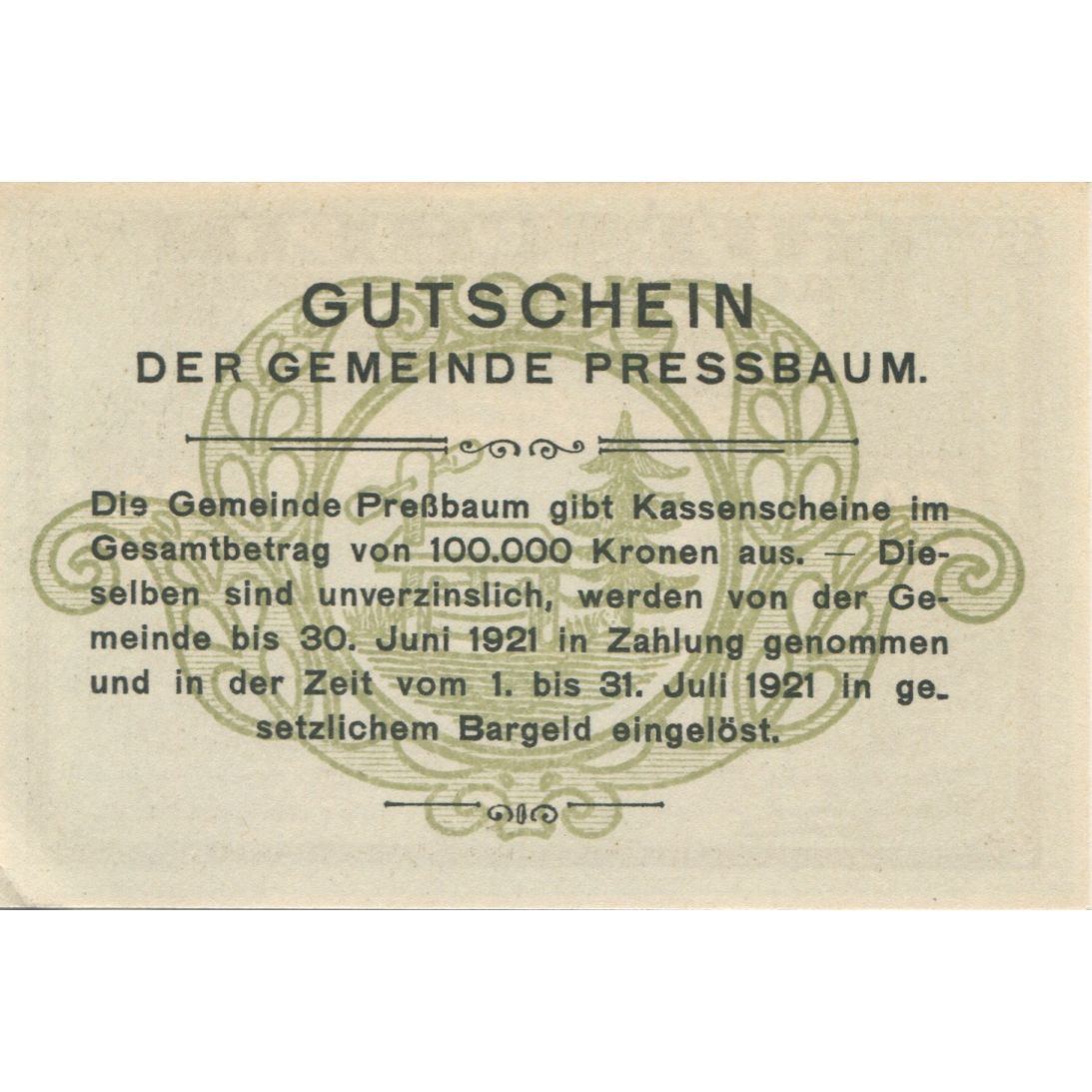 Billet, Autriche, Pressbaum, 20 Heller, paysage 1921-07-31, SPL, Mehl:FS 784a