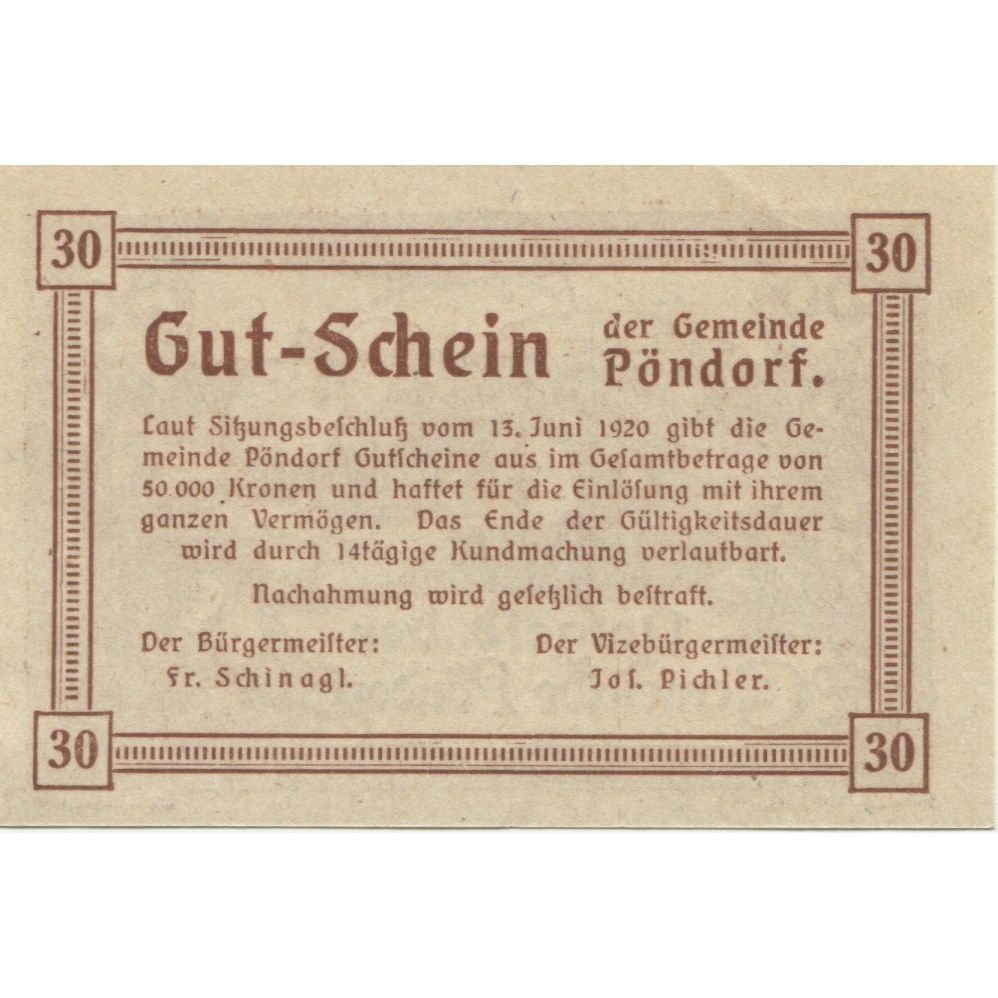 Banknote, Austria, Pöndorf, 30 Heller, champs, 1920, UNC(63), Mehl:FS 757a