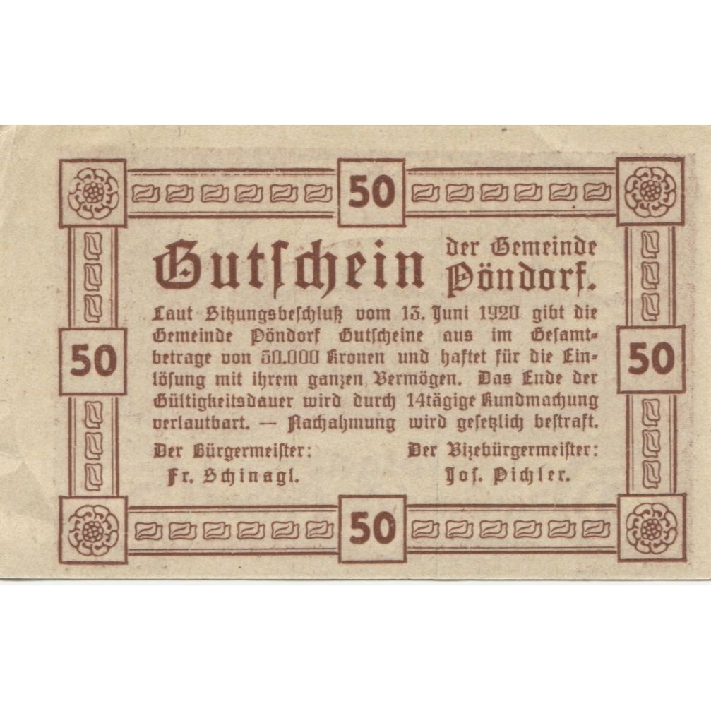 Banknote, Austria, Pöndorf, 50 Heller, village, 1920, UNC(63), Mehl:FS 757a