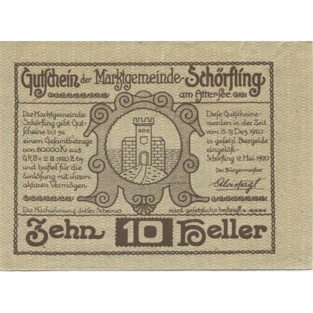 Banknote, Austria, Schörfling, 10 Heller, château, 1920 UNC(63) Mehl:FS 971a