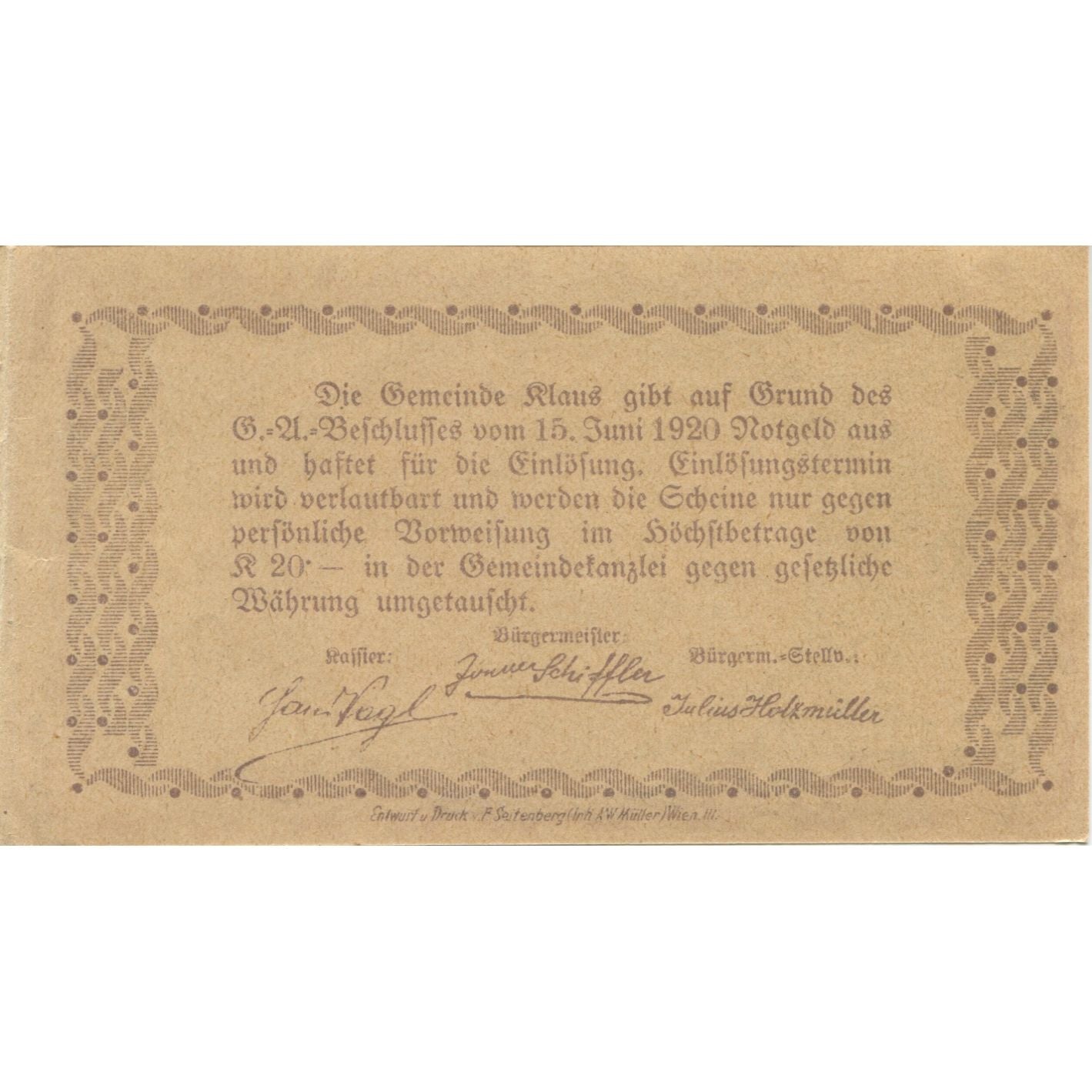 Banknote, Austria, Klaus, 60 Heller, château 1920-06-15, UNC(63) Mehl:FS 454