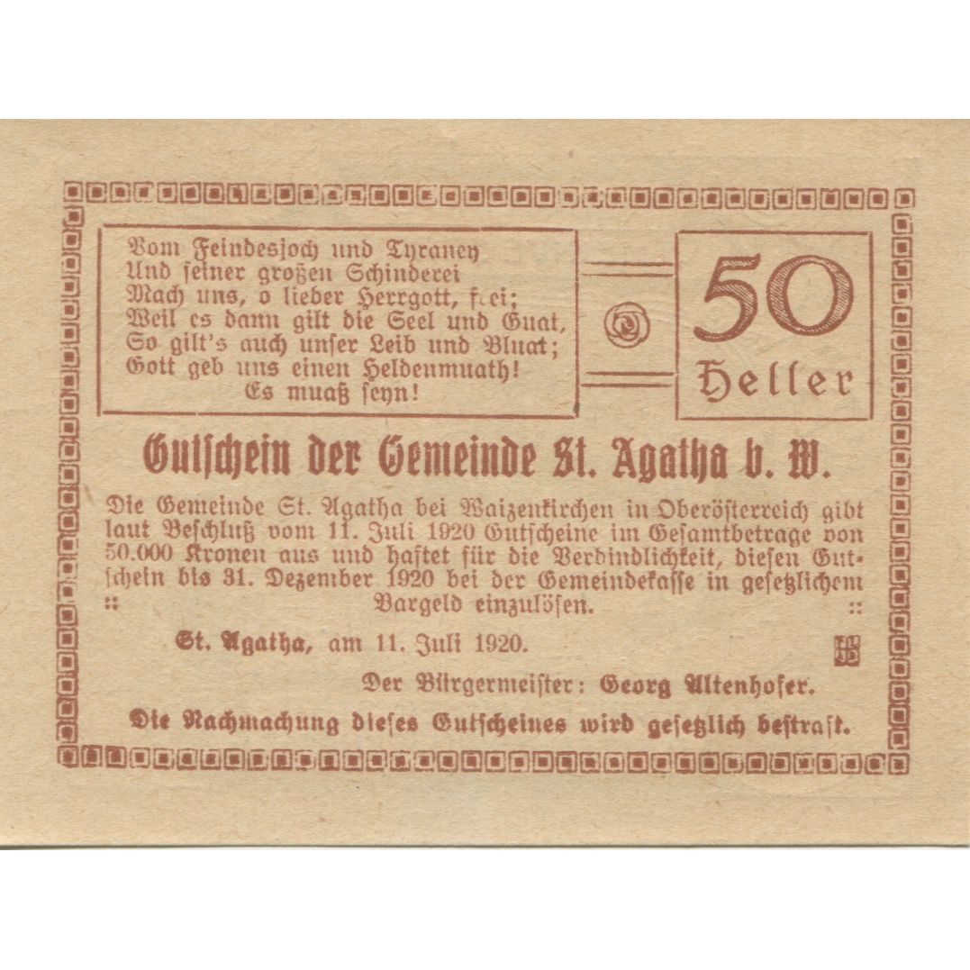 Banknote, Austria, St Agatha, 50 Heller, Forêt, 1920 UNC(63) Mehl:FS 877IIb2