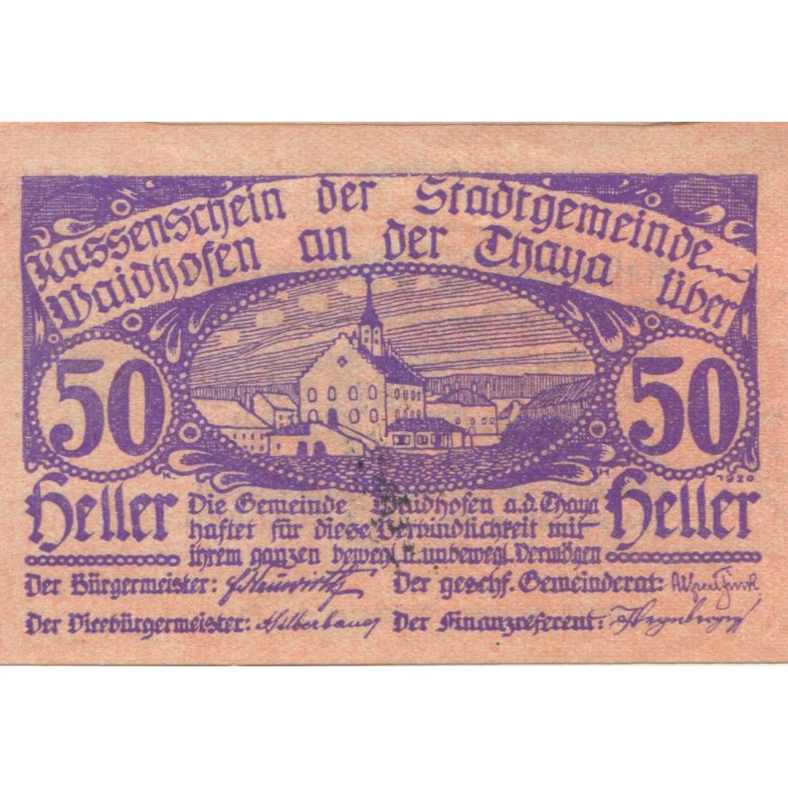 Geldschein, Österreich, Waidhofen, 50 Heller, Eglise 1920 UNZ- Mehl:FS 1125II