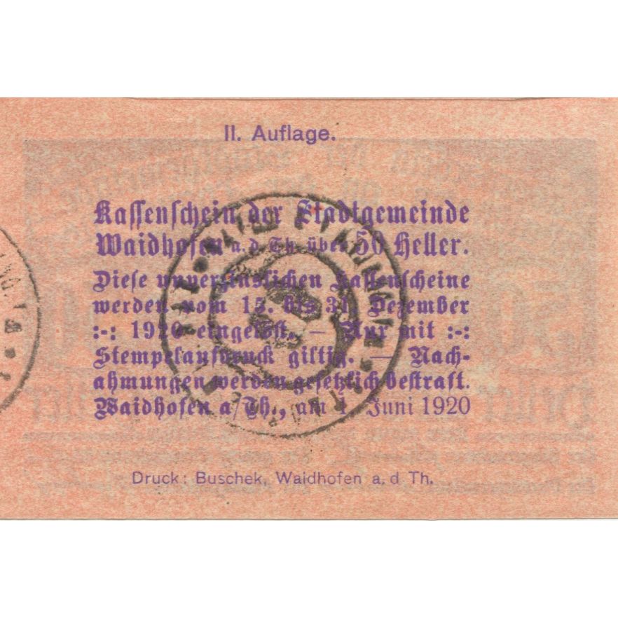 Geldschein, Österreich, Waidhofen, 50 Heller, Eglise 1920 UNZ- Mehl:FS 1125II