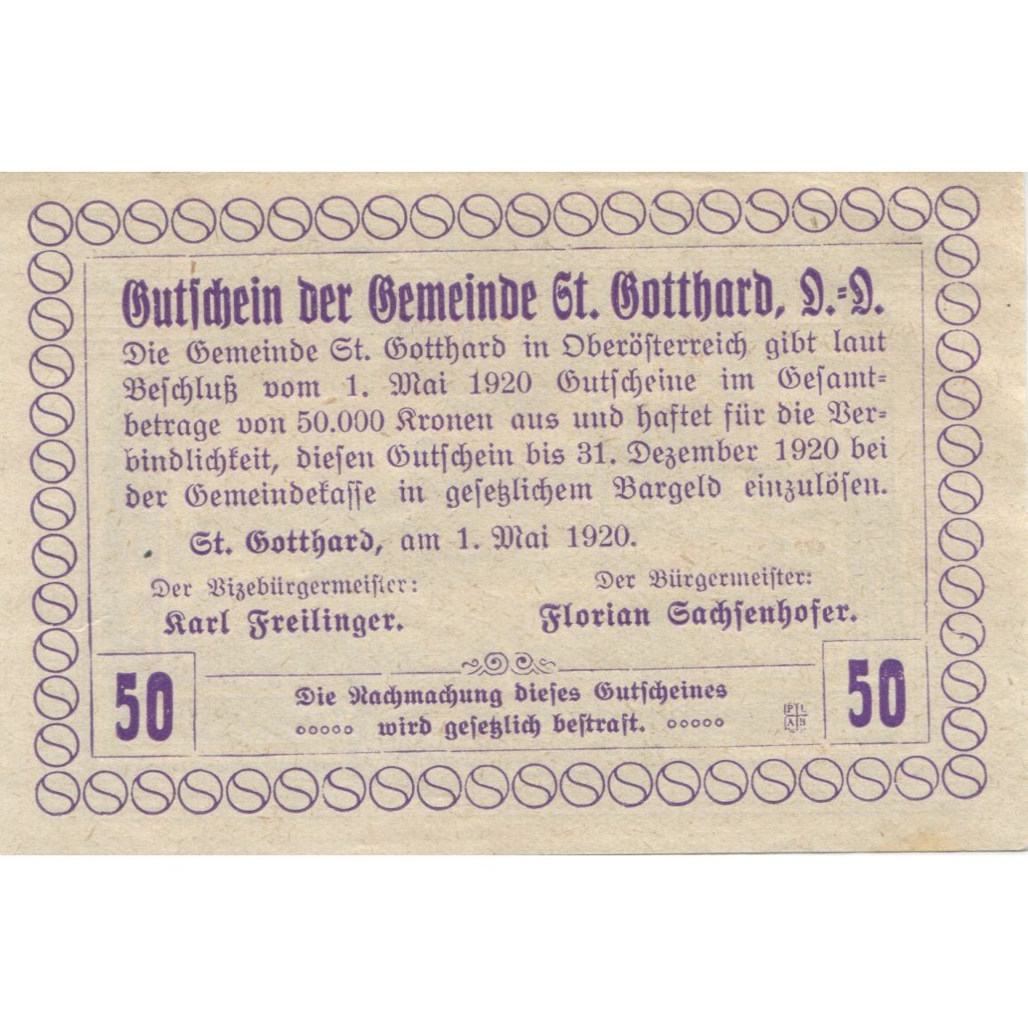 Banknote, Austria, St Gotthard, 50 Heller, paysage, 1920 UNC(63) Mehl:FS 892