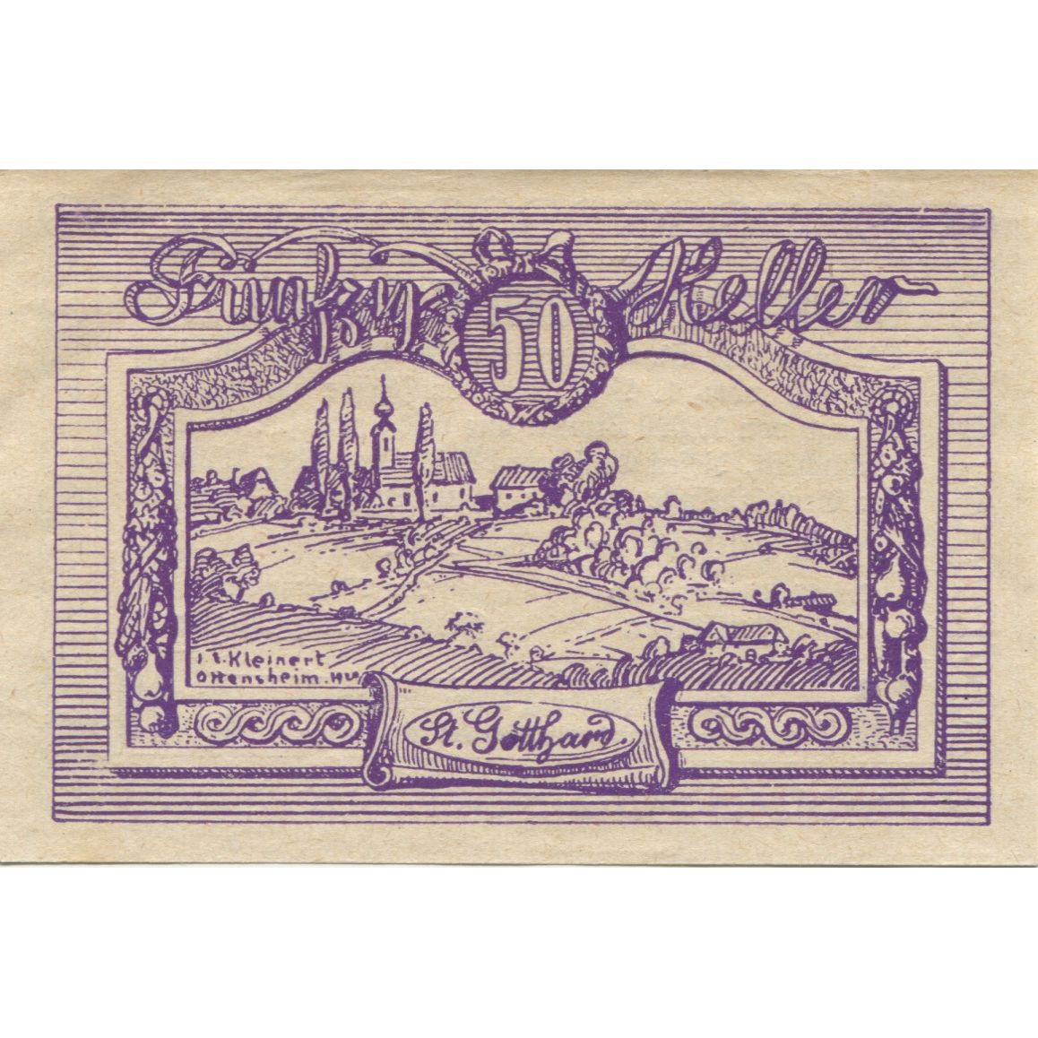 Banknote, Austria, St Gotthard, 50 Heller, paysage, 1920 UNC(63) Mehl:FS 892