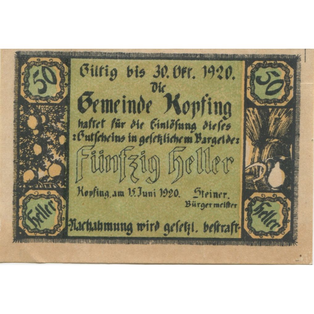 Banknote, Austria, Kopfing, 50 Heller, blé 1920-10-31, UNC(63), Mehl:FS 465c