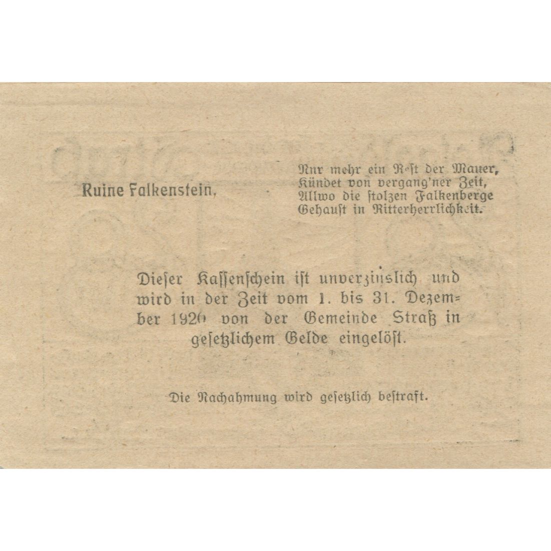 Banknote, Austria, Strass, 20 Heller, ruine, 1920, UNC(63), Mehl:FS 1047a