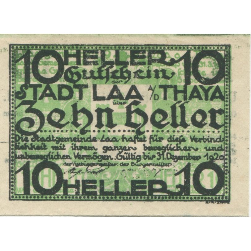 Banknote, Austria, Laa a/d Thaya, 10 Heller face value 1920 UNC(63) Mehl:FS 494
