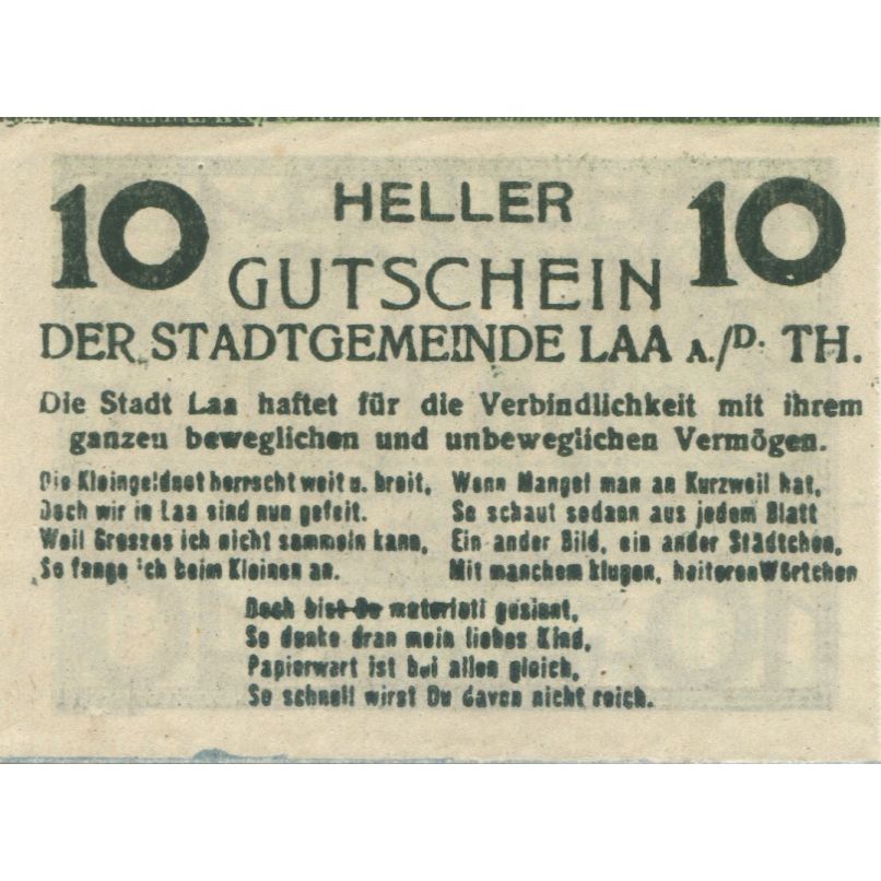 Banknote, Austria, Laa a/d Thaya, 10 Heller face value 1920 UNC(63) Mehl:FS 494
