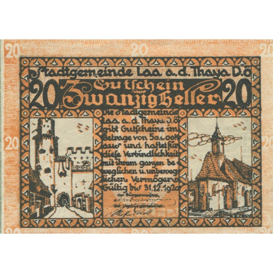 Banknote, Austria, Laa a/d Thaya, 20 Heller, Eglise 1920 UNC(63) Mehl:FS 494