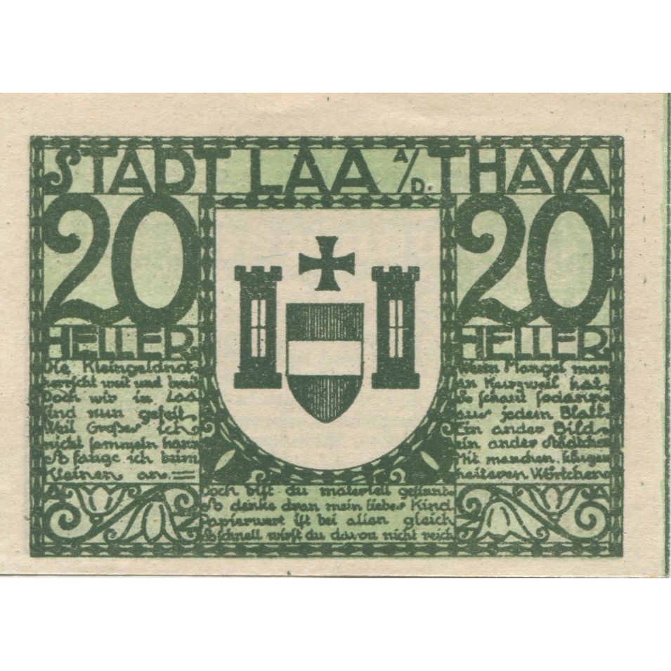 Banknote, Austria, Laa a/d Thaya, 20 Heller, Eglise 1920 UNC(63) Mehl:FS 494