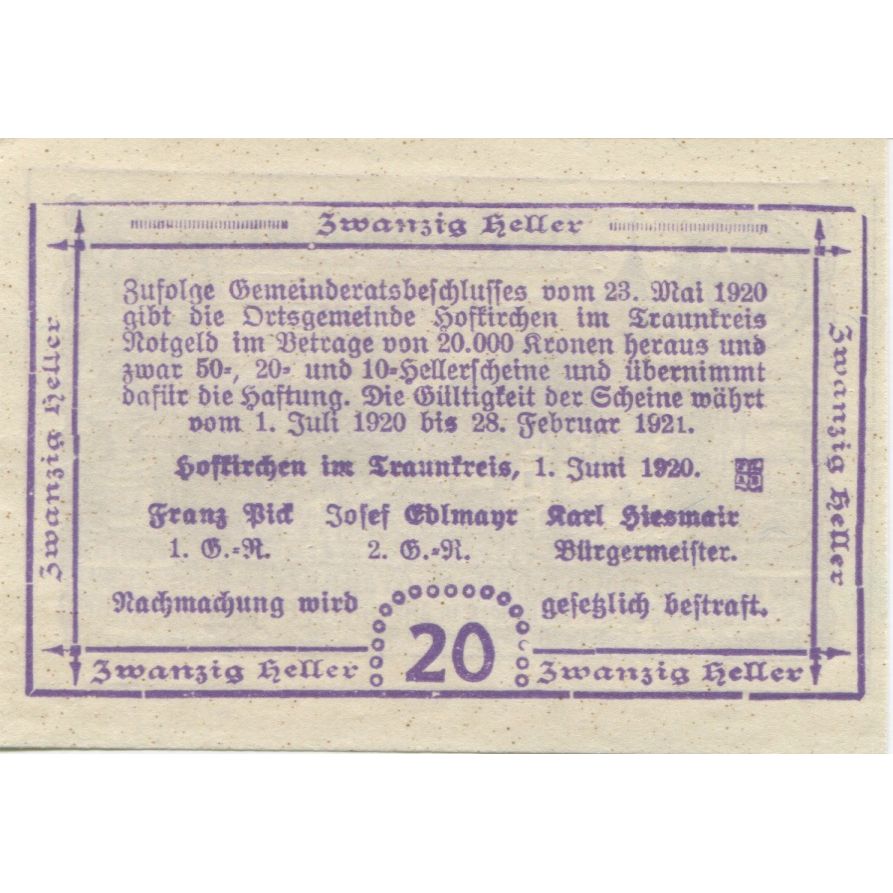 Banknot, Austria, Traun, 20 Heller, village 1921-02-28, UNC(63) Mehl:FS 387I