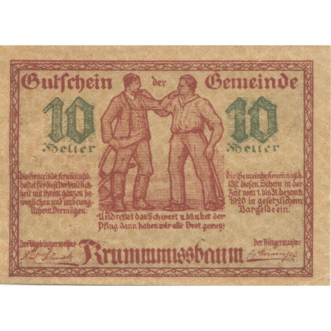 Banknote, Austria, Krummnusbaum, 10 Heller, arbre, 1920 UNC(63) Mehl:FS 488Ia