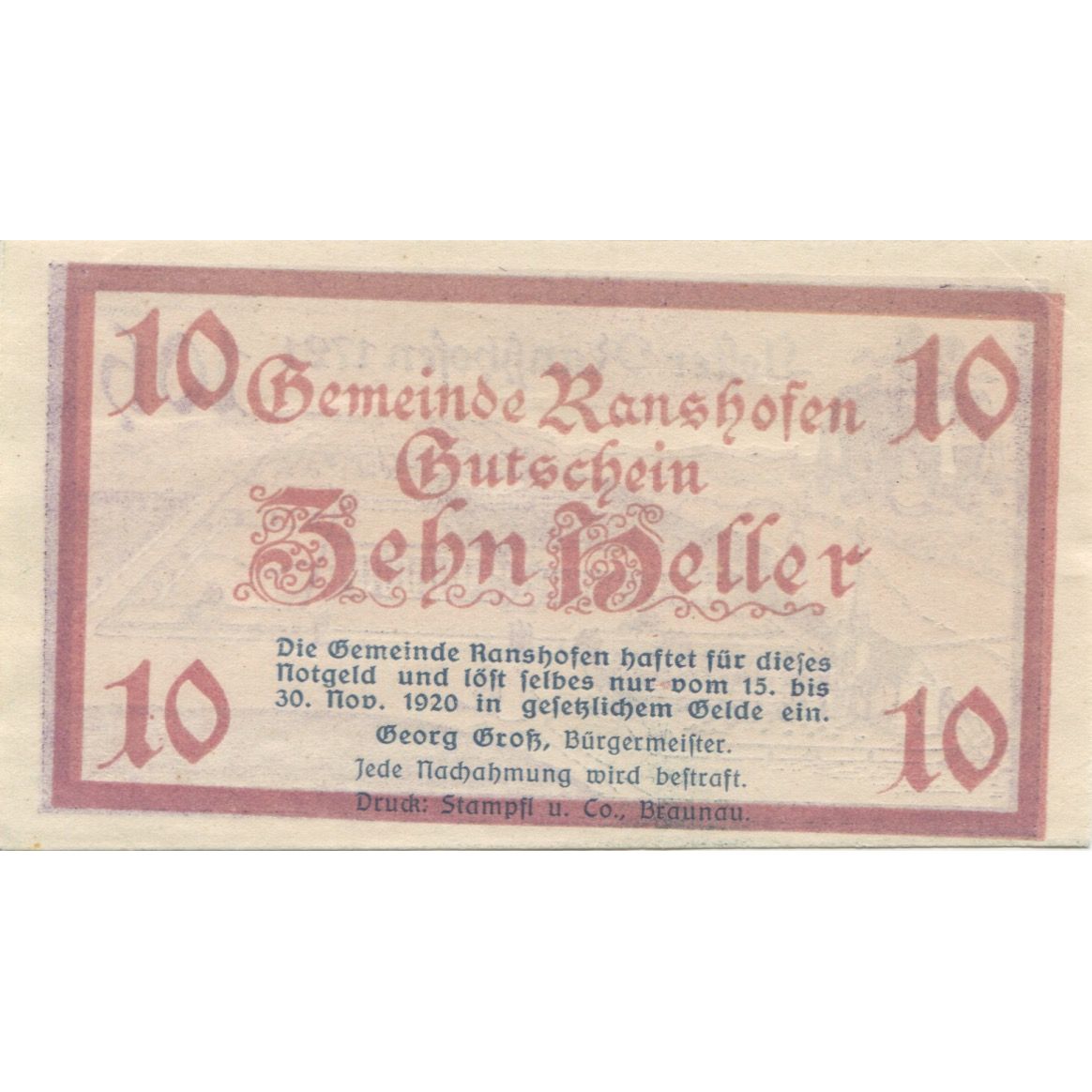 Banknote, Austria, Ranshofen, 10 Heller, château, 1920, UNC(63) Mehl:FS 819Aa
