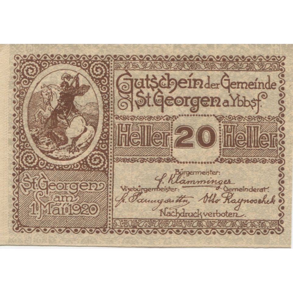 Banknote, Austria, St Georgen, 20 Heller, blé, 1920 UNC(63) Mehl:FS 885I