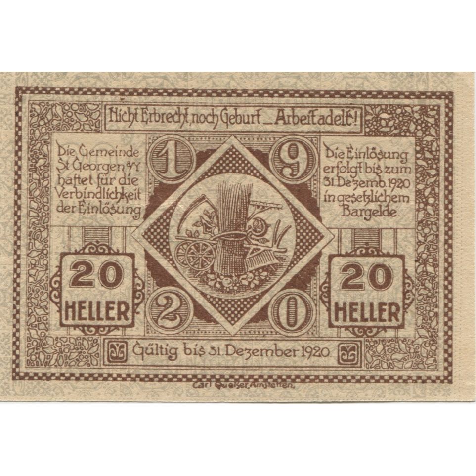 Banknote, Austria, St Georgen, 20 Heller, blé, 1920 UNC(63) Mehl:FS 885I