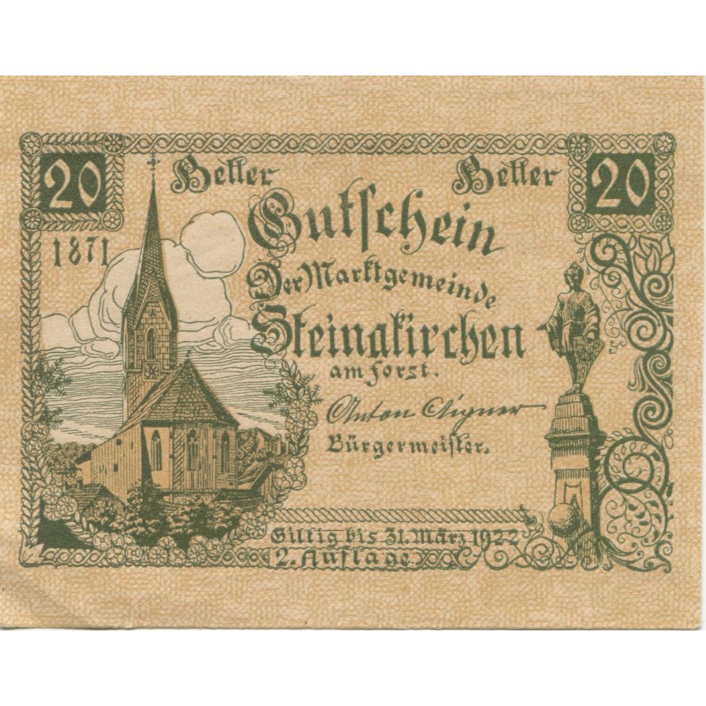 Banknote, Austria, Steinakirchen, 20 Heller, Eglise, 1922 UNC(63) Mehl:FS 1017I