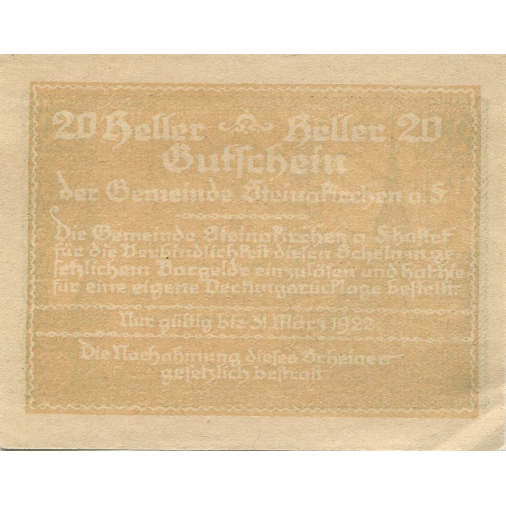 Banknote, Austria, Steinakirchen, 20 Heller, Eglise, 1922 UNC(63) Mehl:FS 1017I