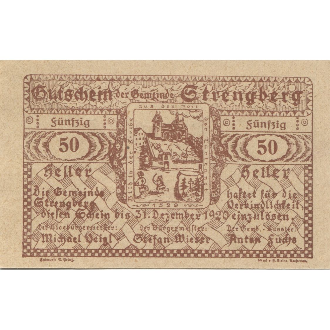 Banknote, Austria, Strengberg, 50 Heller, village, 1920, UNC(63) Mehl:FS 1049a