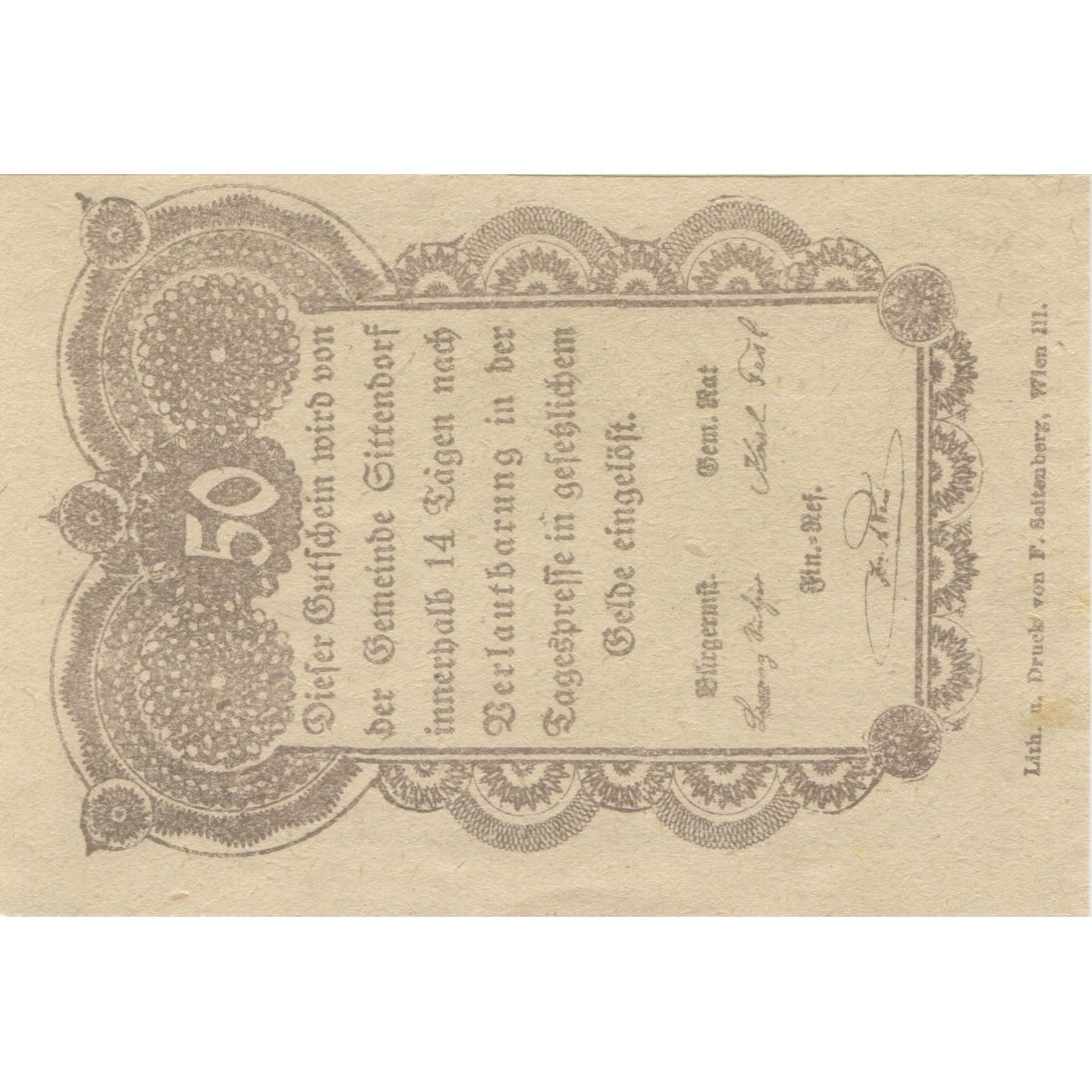 Banknote, Austria, Sittendorf, 50 Heller, Eglise, 1920, UNC(63), Mehl:FS 1001a