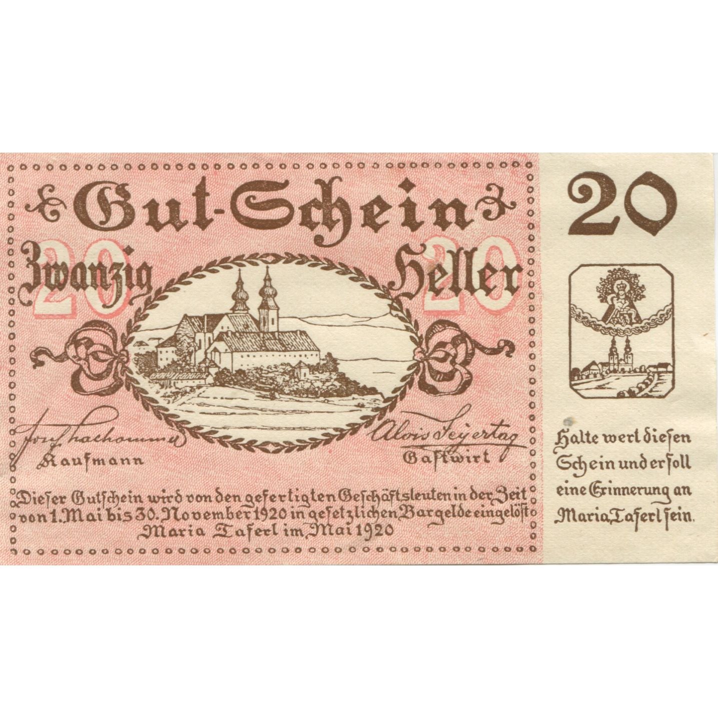 Banknote, Austria, Maria Taferl, 20 Heller, Eglise, 1920 UNC(63) Mehl:FS 589a