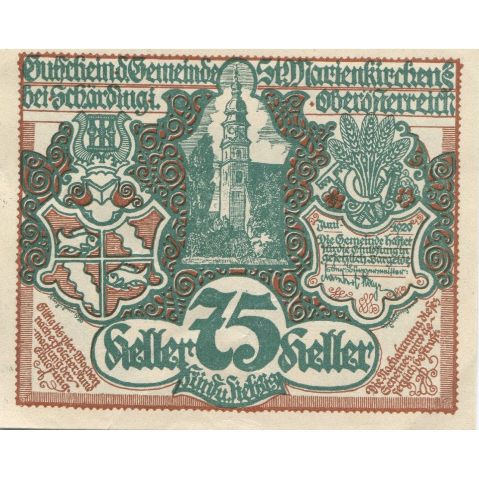 Billet, Autriche, Marienkirchen, 75 Heller, Blason, 1920, SPL, Mehl:FS 910
