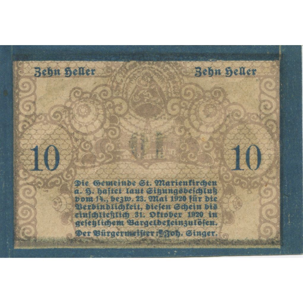 Banknote, Austria, Marienkirchen, 10 Heller, portrait, 1920 UNC(63) Mehl:FS 908