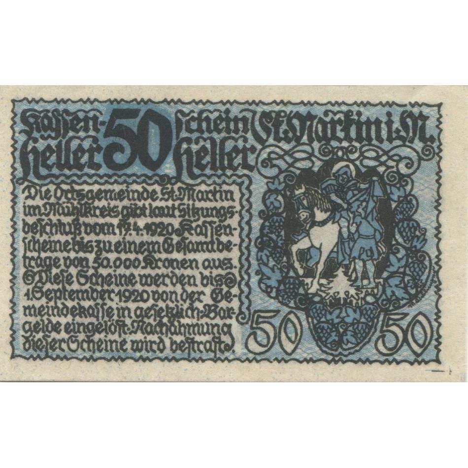 Banknote, Austria, St Martin, 50 Heller, Eglise, 1920 UNC(63) Mehl:FS 912b