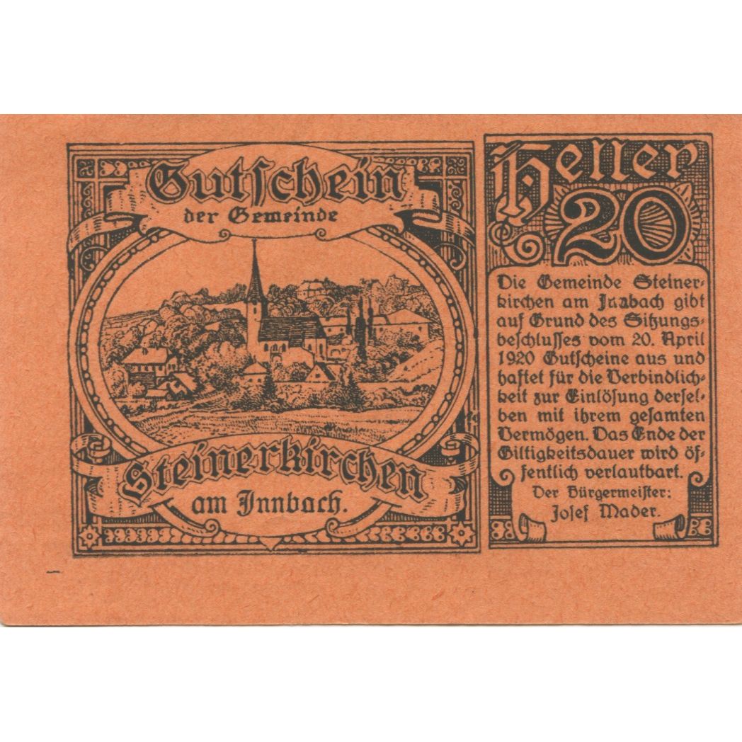 Banknote, Austria, Steinerkirchen 20 Heller village 1920 UNC(63) Mehl:FS 1028a