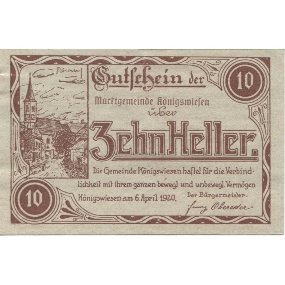 Banknote, Austria, Konigswiesen, 10 Heller, rue, 1921 UNC(63) Mehl:FS 464
