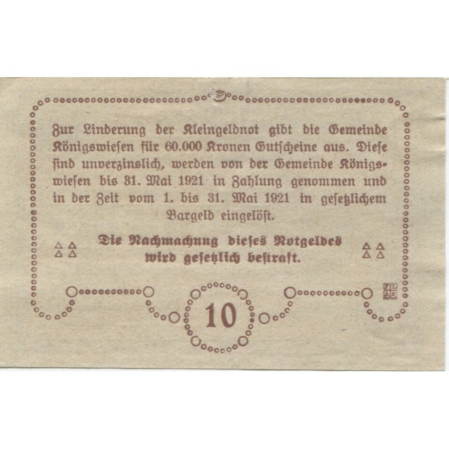 Banknote, Austria, Konigswiesen, 10 Heller, rue, 1921 UNC(63) Mehl:FS 464