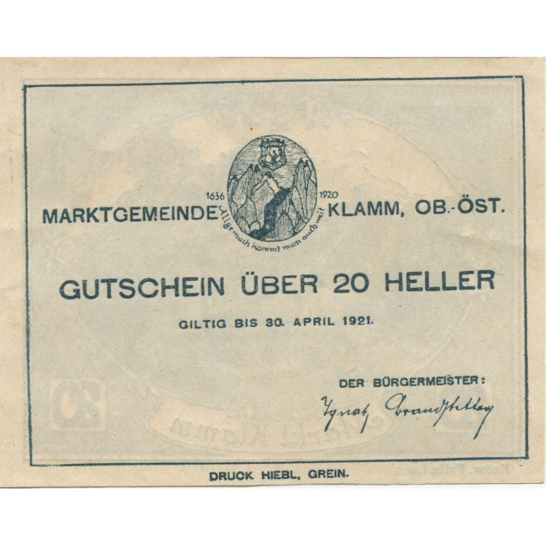 Billete, Austria, Klamm, 20 Heller, village, 1921, 1921-04-30, SC, Mehl:FS 453