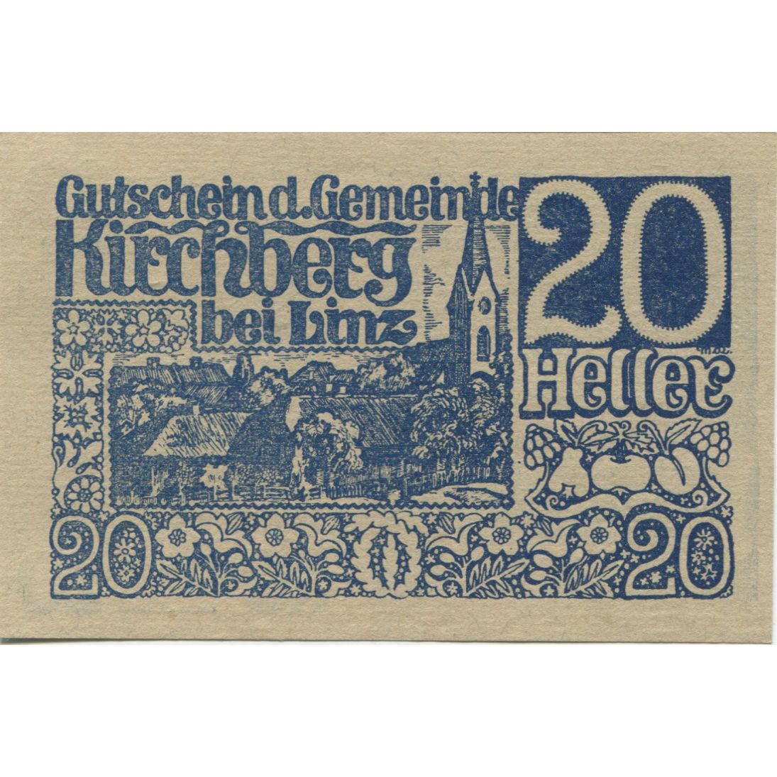 Banknote, Austria, Kirchberg, 20 Heller, village 1920 UNC(63) Mehl:FS 443b