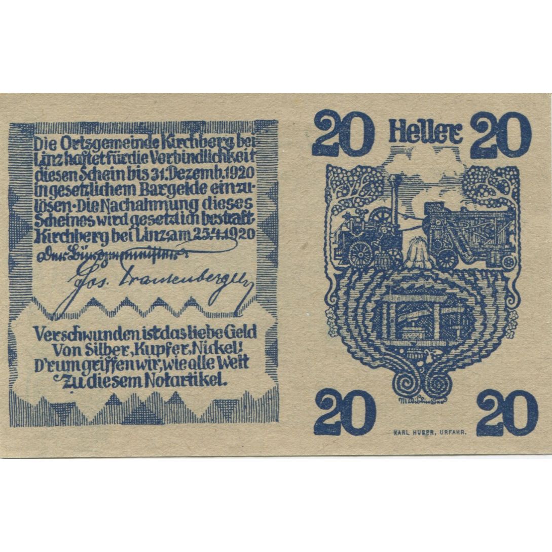 Banknote, Austria, Kirchberg, 20 Heller, village 1920 UNC(63) Mehl:FS 443b