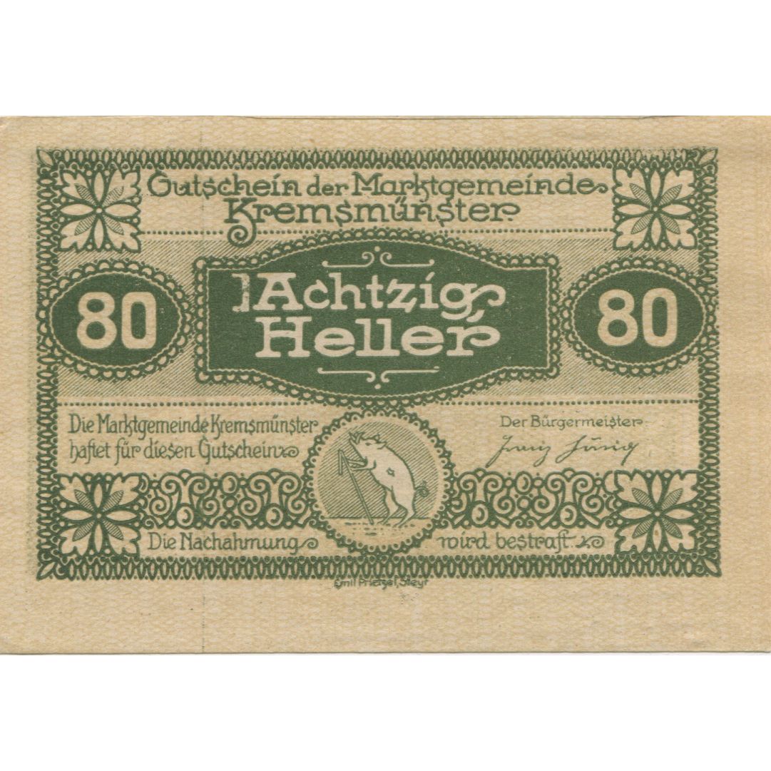 Billet, Autriche, Kremsmunster, 80 Heller, cochon 1920-12-31, SPL Mehl:FS 476