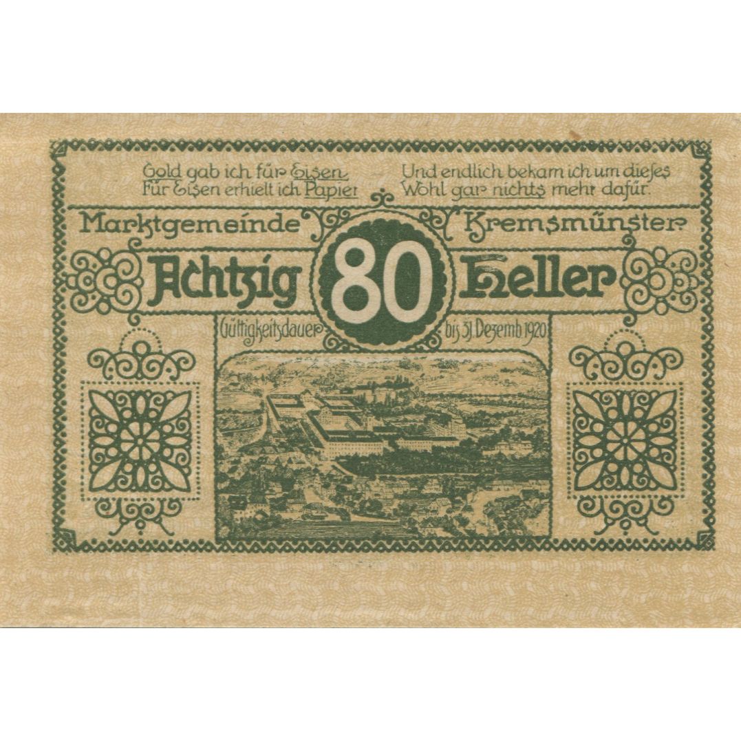 Billet, Autriche, Kremsmunster, 80 Heller, cochon 1920-12-31, SPL Mehl:FS 476
