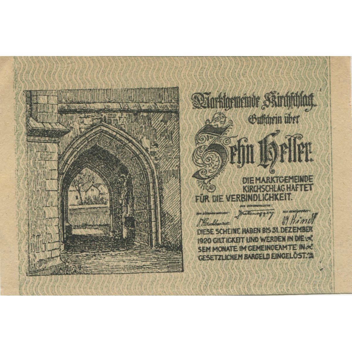 Banknote, Austria, Kirchschlag, 10 Heller, porte, 1920 UNC(63) Mehl:FS 448a