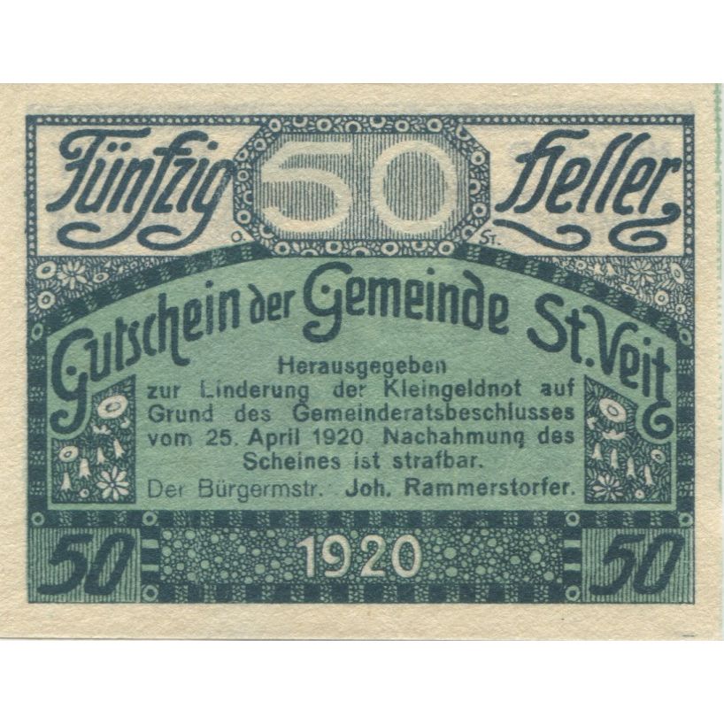 Banknote, Austria, St Veit, 50 Heller, Eglise, 1920 UNC(63) Mehl:FS 944b