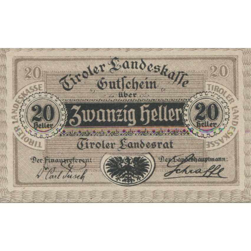 Banknote, Austria, Landesrat, 20 Heller, Blason, 1920, UNC(63), Mehl:FS 1073II