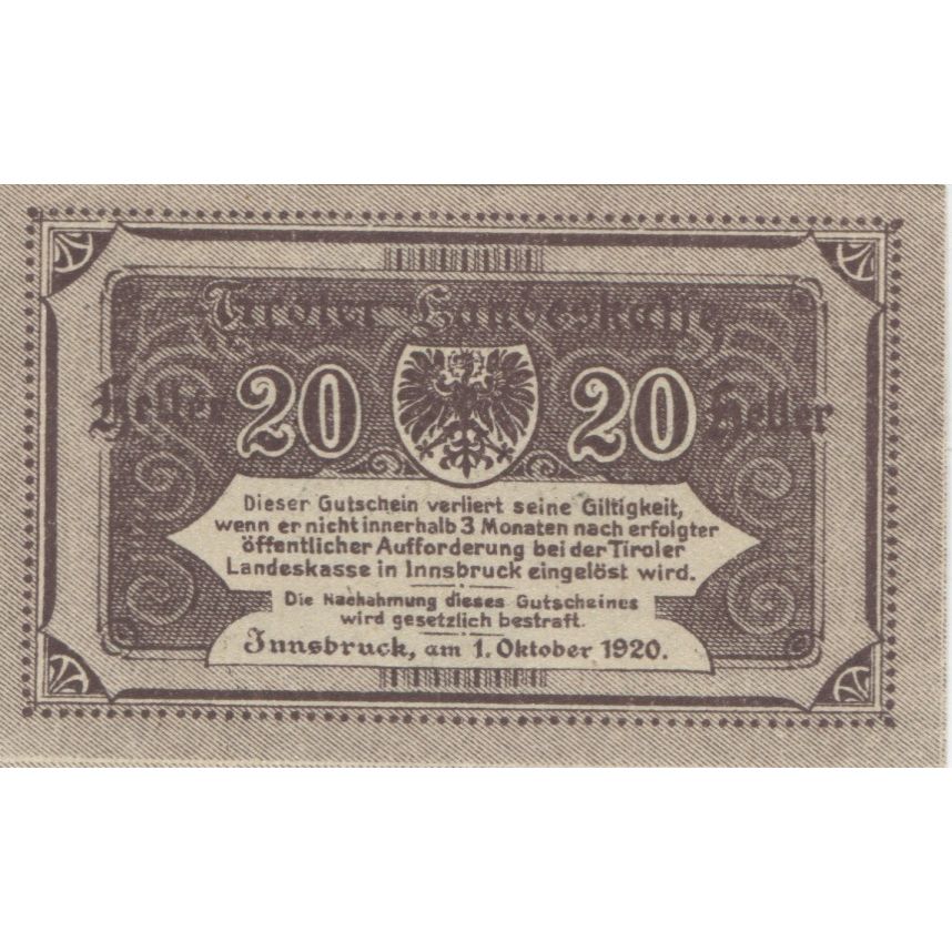 Banknote, Austria, Landesrat, 20 Heller, Blason, 1920, UNC(63), Mehl:FS 1073II