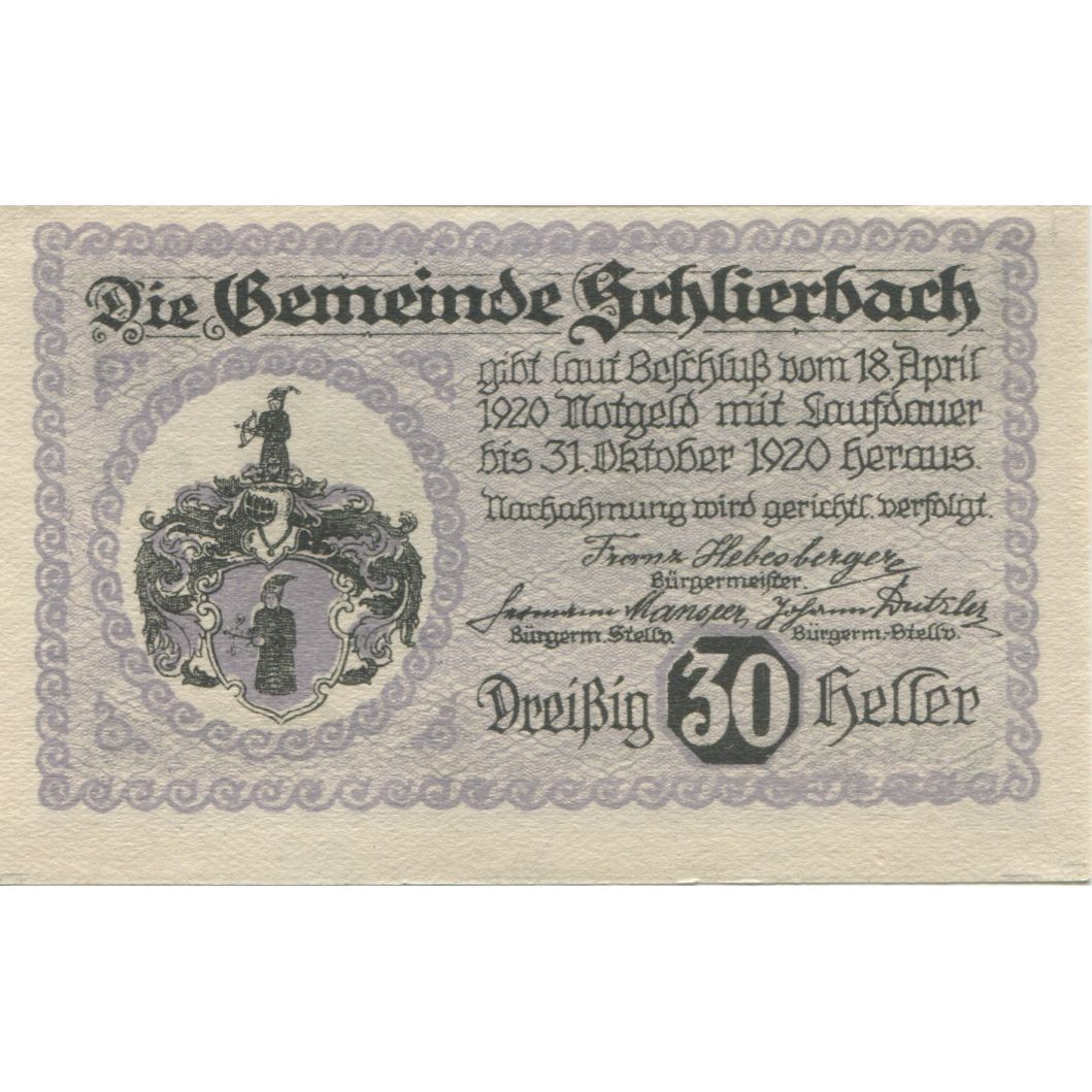 Banknote, Austria, Schlierbach, 30 Heller, château, 1920 UNC(63) Mehl:FS 962