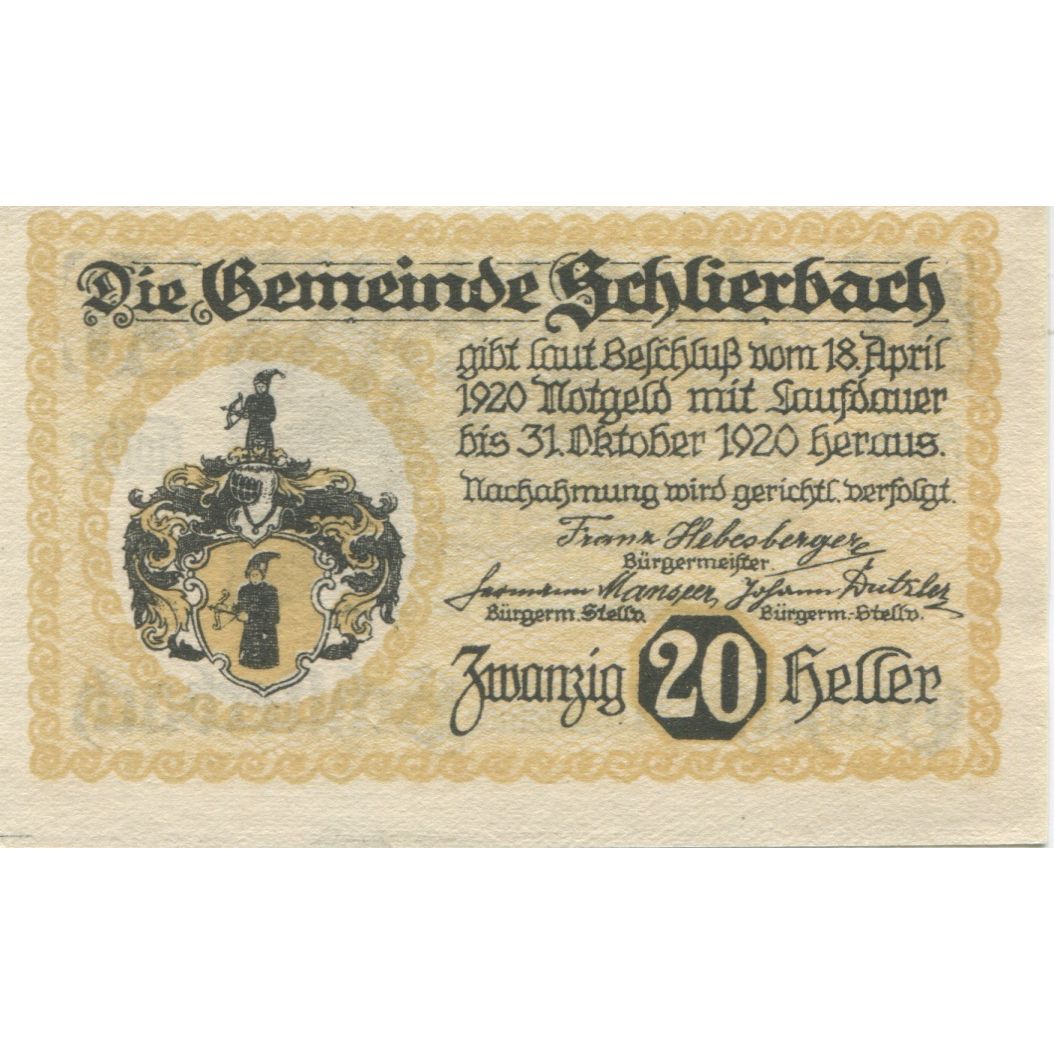 Banknote, Austria, Schlierbach, 20 Heller, Blason, 1920 UNC(63) Mehl:FS 962II