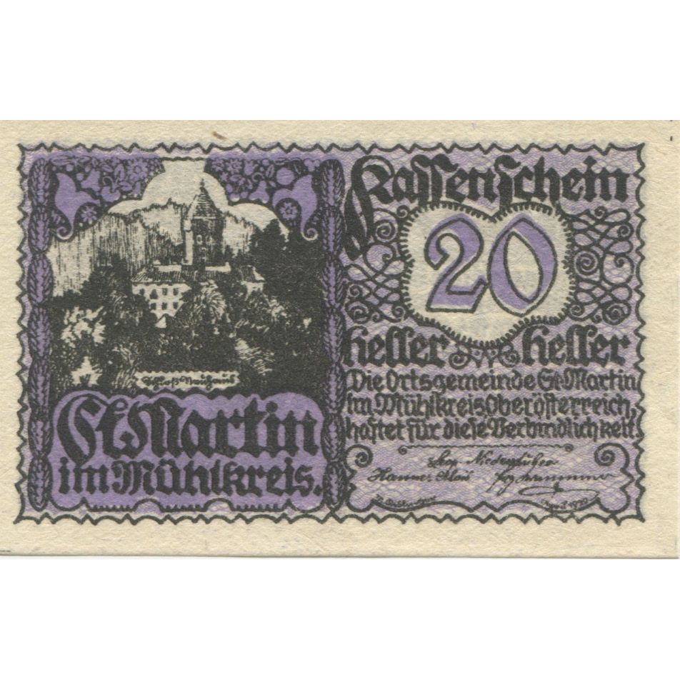 Banknote, Austria, St Martin, 20 Heller, château, 1920 UNC(63) Mehl:FS 912