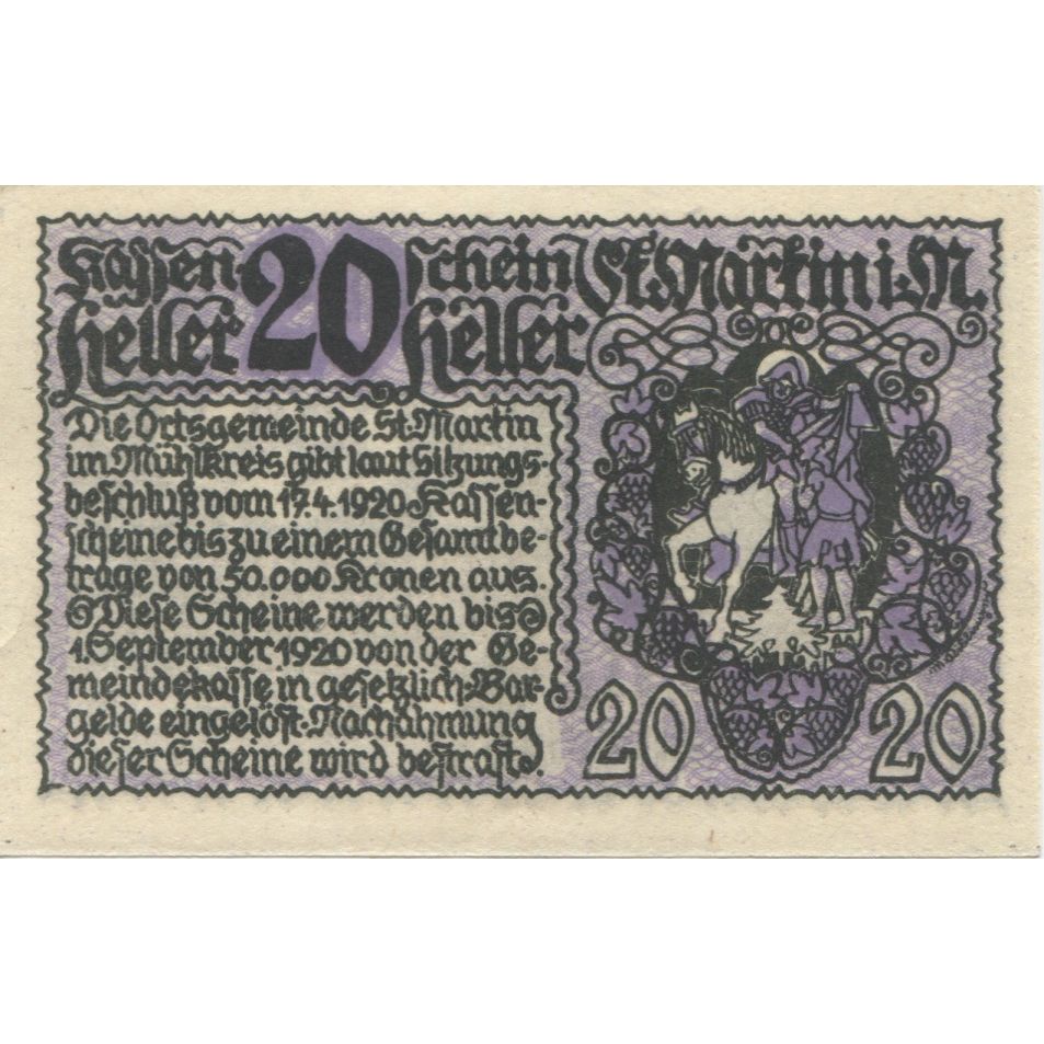Banknote, Austria, St Martin, 20 Heller, château, 1920 UNC(63) Mehl:FS 912