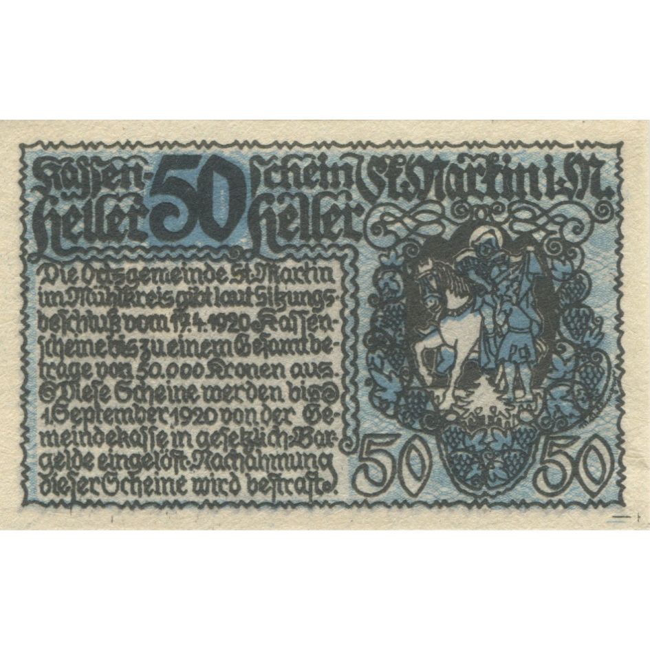 Billete, Austria, St Martin, 50 Heller, village 1920-09-01, SC, Mehl:FS 912