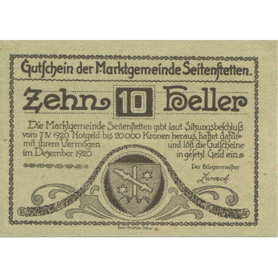 Billete, Austria, Seitenstetten, 10 Heller, village, 1920, SC, Mehl:FS 990