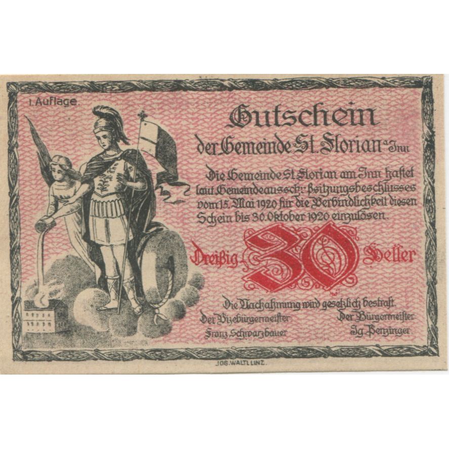 Banknote, Austria, St Florian, 30 Heller, chevalier, 1920 UNC(63) Mehl:FS 881a